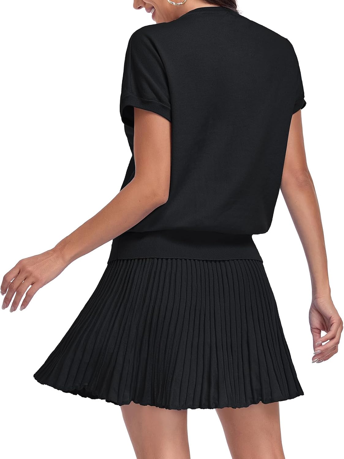 Women's 2 Piece Skirt Set Cap Sleeve Knit Top Pleated Mini Skrits Dressy Preppy Sweater Sets image 5