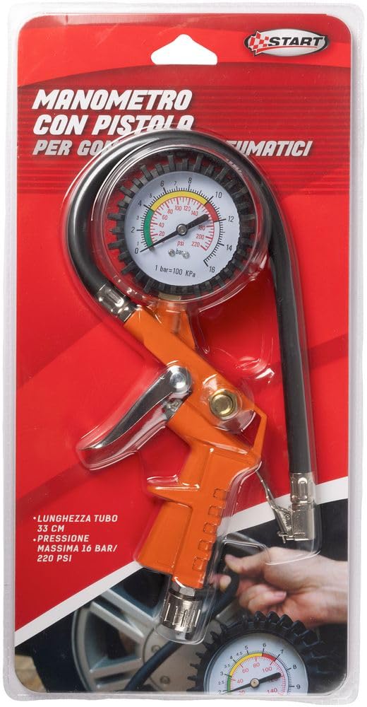 Start Manometro Con Pistola Per Gonfiaggio Pneumatici - Pressione Massima 16 Bar/220 PSI, Tubo Da 33 Cm E Attacco Rapido Universale
