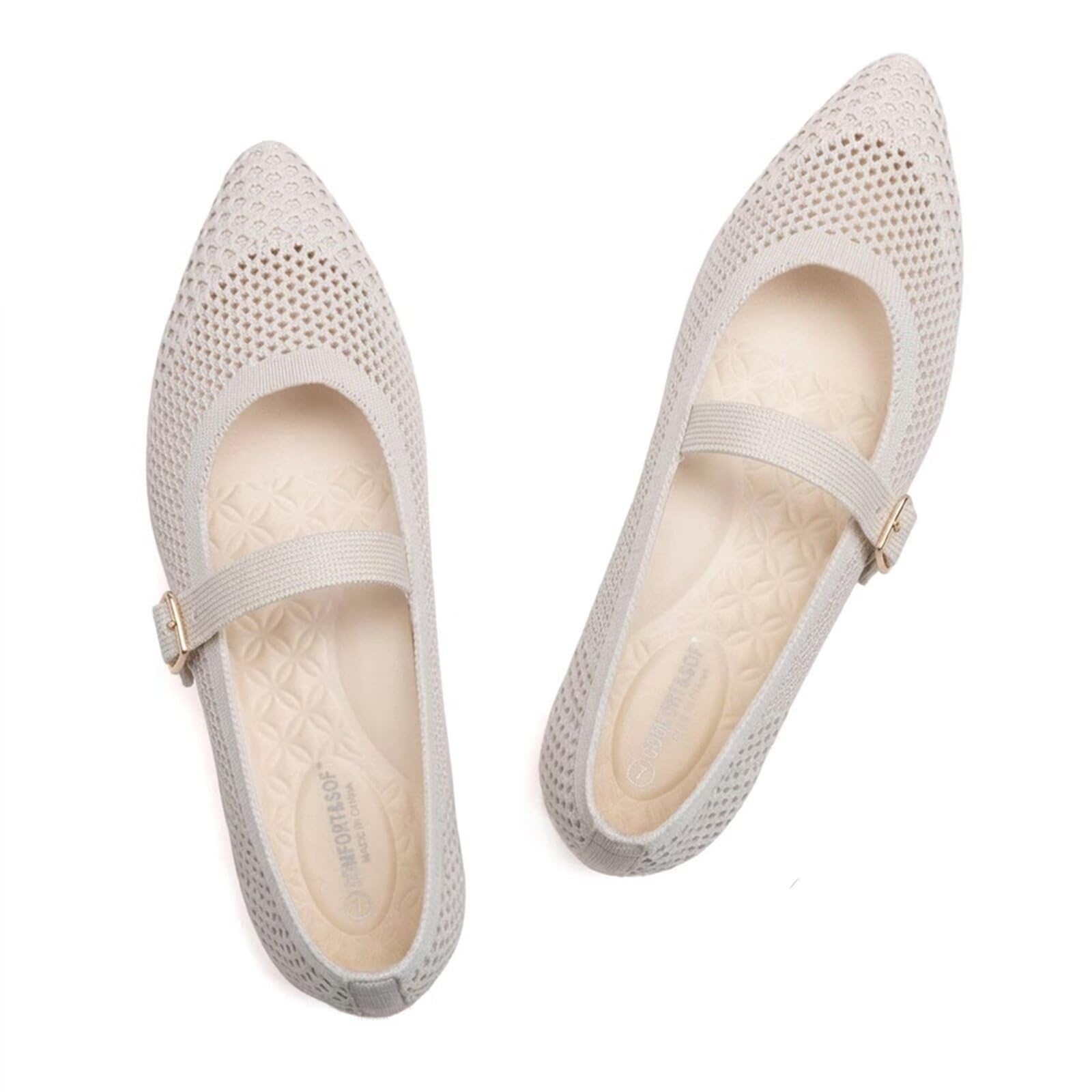 Frank Mully Damen-Mary-Jane-Schuhe aus Netzstoff Spitze Zehenpartie leicht mit verstellbarem Ristriemen gestrickte Flache Schuhe für Damen