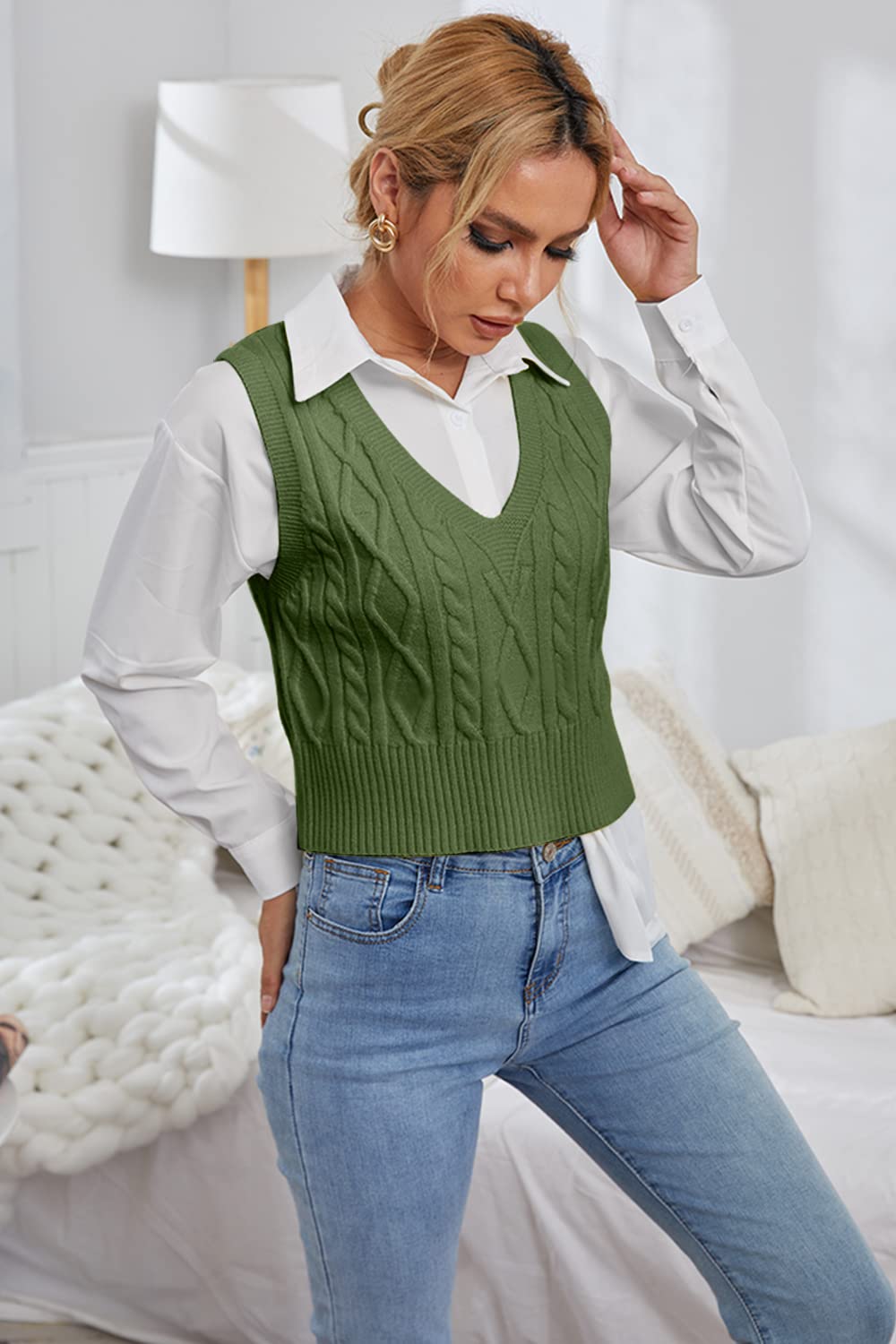 Pull sans manches pour femme - Col en V - Gilet en tricot élégant - Pull en tricot décontracté - Pour femme - Automne et hiver