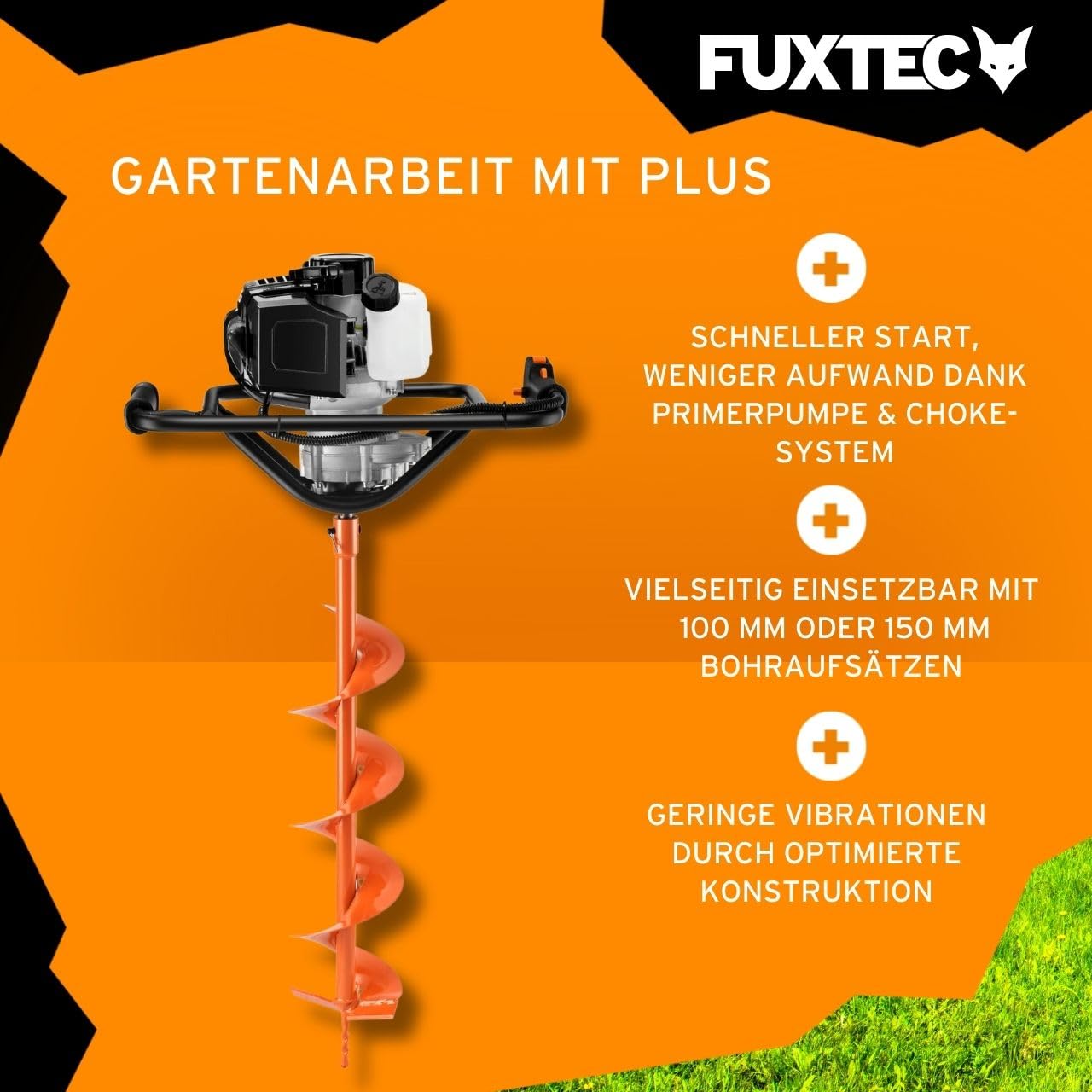 FUXTEC Benzin Erdbohrer FX-EB143ECO, Erdlochbohrer inkl. 2 Bohraufsätzen, 42,7 cm³ 2-Takt-Motor, 100/150 mm Bohrer, für Zaunbau, Garten & Fundament, Fliehkraftkupplung, ergonomisch, 8.5 kg