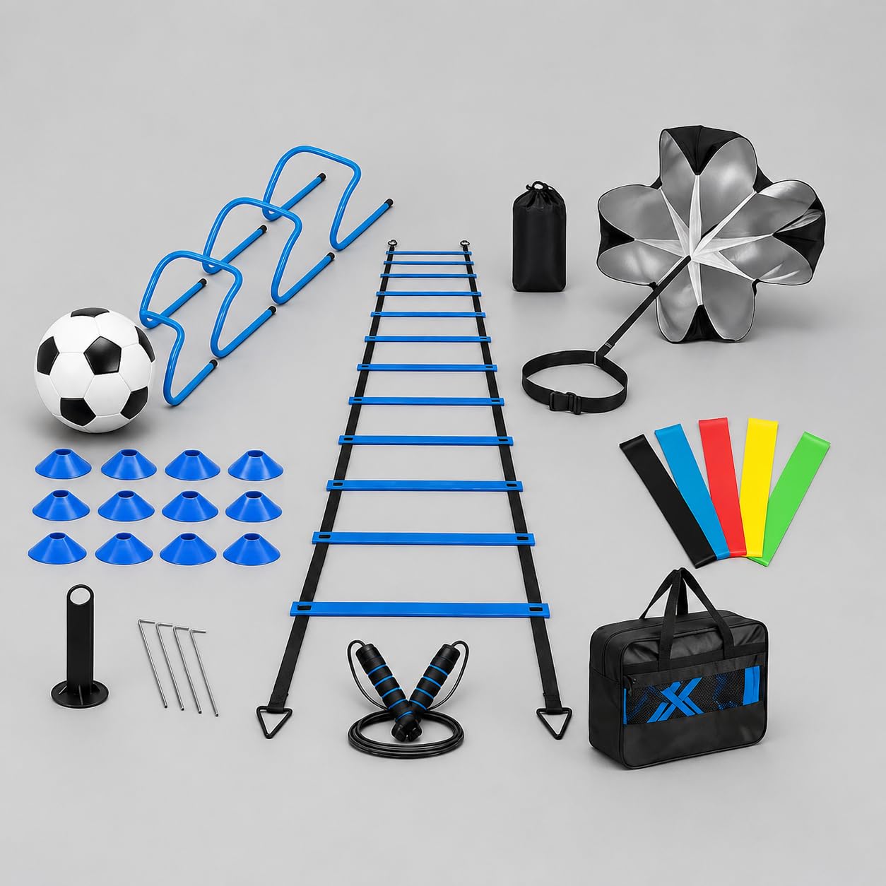 LOVIVER Attrezzatura Calcio Set Allenamento con Agilità Ostacoli Coni Dischi Paracadute Resistenza in PP con Elastici Maniglie Adatta per Scuole Calcio Centri | | nylon | paracadute resistenza - bande - coni | corda, borsa trasporto, finger exerciser, per