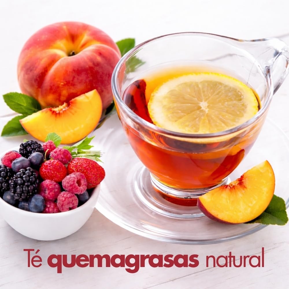 Termogénico Quemagrasa Potente 60 Raciones 102 Gr. Té T-Kontrol en Polvo formulado con Té Negro y Verde. Infusión quemagrasas Vegana Natural en 5 Sabores (Melocotón - Frutos del Bosque)