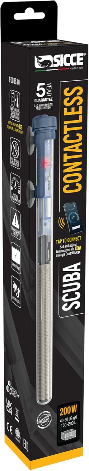 Sicce Scuba 200 Watt Aquarium Fish Tank Heater Smartphone Controlled via NFC Contactless App Adjustable | 200W Submersible for Marine Saltwater and Freshwater | Run Dry Protection