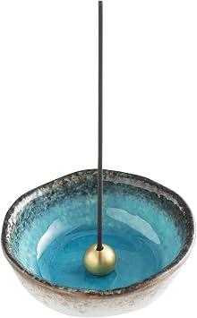 Asayu Japanese Small Mini Incense Holder for Sticks 3.3 inch 83mm, Made in Japan Ceramic Ash Catcher and Brass Incense Burner Set for Yoga, Meditation Small Mini Nature Ocean Blue Holder