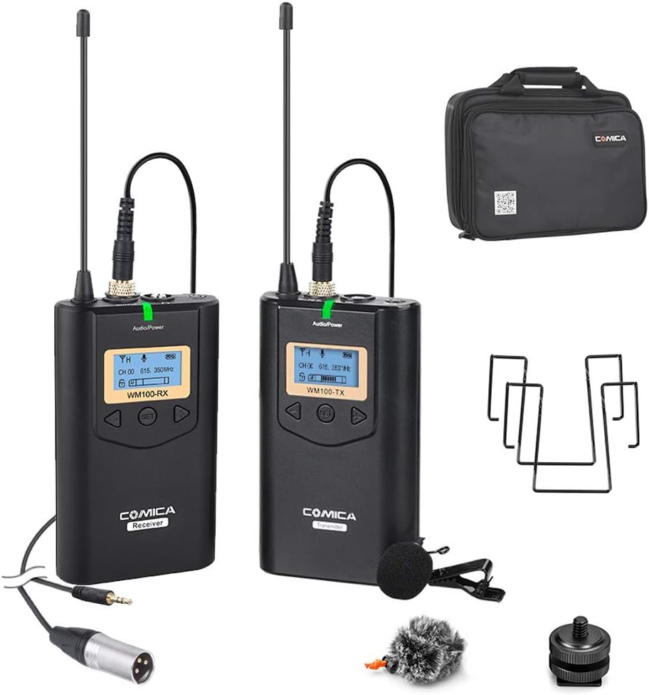 comica CVM-WM100 - Wireless Microphone System for Cameras, Camcorders, Smartphones, Laptops, Professional UHF 48-Channel Wireless Lavalier Lapel Microphone for Video Recording Interview Youtubers
