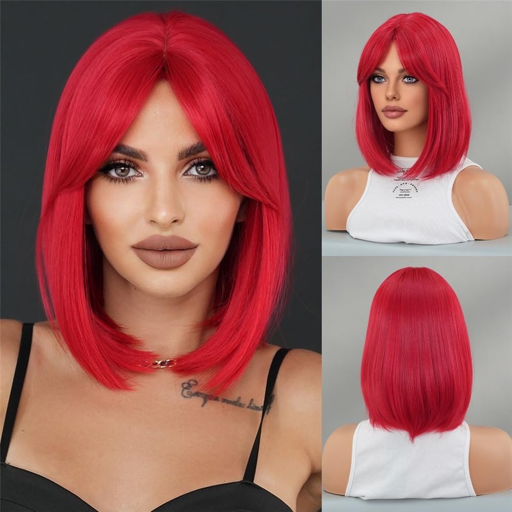 Peruki Easter Red Short Straight Bob Wig with Mid-Split Bangs Peruka z włosów ludzkich