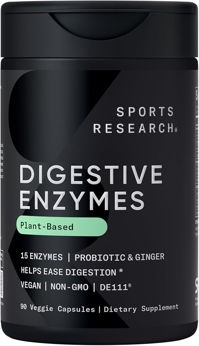 Enzimas digestivas Sports Research® con probióticos, 90 cápsulas vegetales | 15 enzimas + jengibre para ayudar a facilitar la digestión de lácteos, proteínas, azúcar y carbohidratos | Sin OGM, apto para veganos, 90 porciones