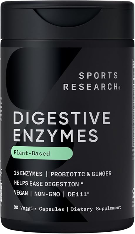 Enzimas digestivas Sports Research® con probióticos, 90 cápsulas vegetales | 15 enzimas + jengibre para ayudar a facilitar la digestión de lácteos, proteínas, azúcar y carbohidratos | Sin OGM, apto para veganos, 90 porciones