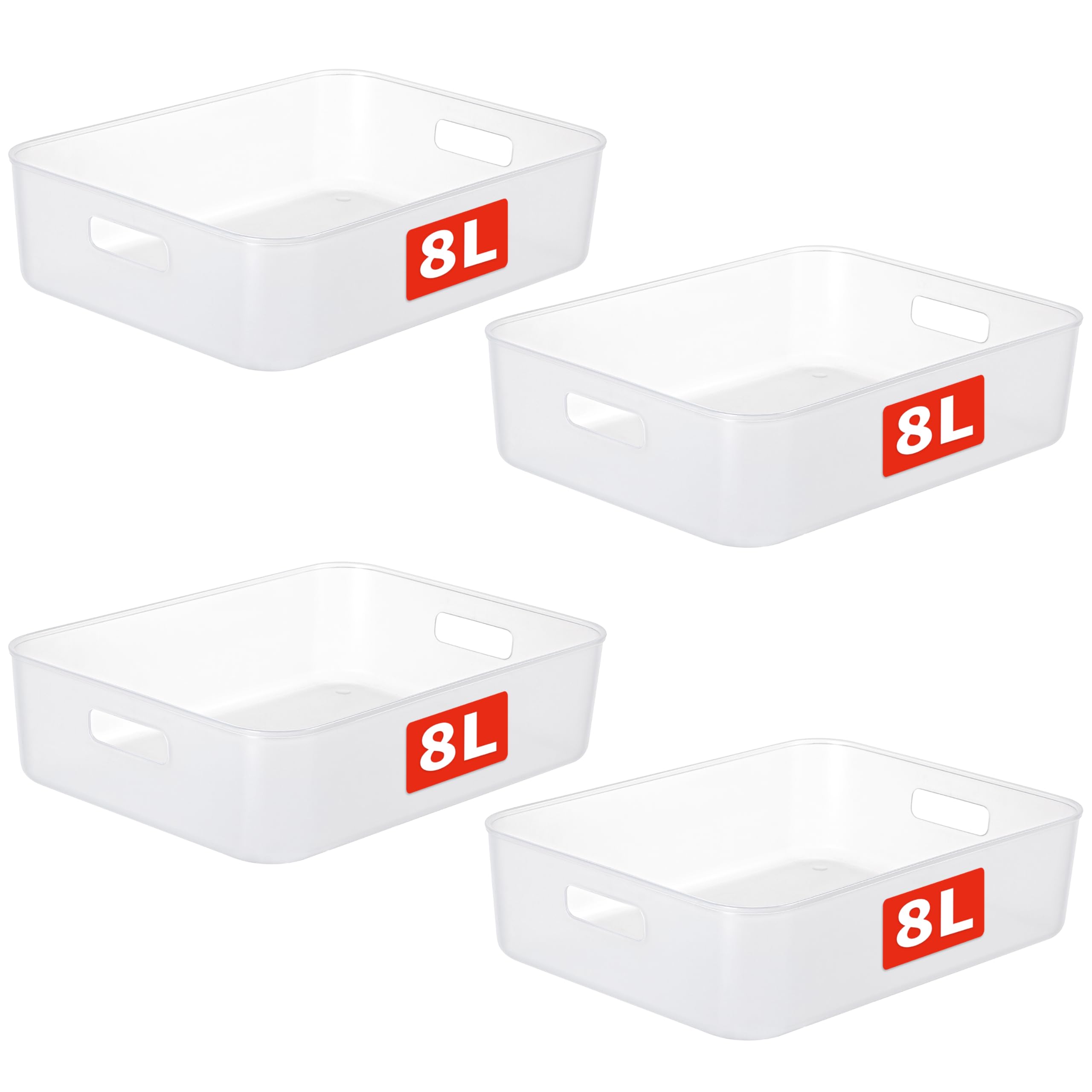 Cetomo 8L*4 Storage Basket, Plastic Open Storage Box, Containers for Shelves, Organizers with Handles for Office, Countertops, Cabinets, PP, BPA Free, Frosted Transparent, 8L-4 Pack (35*27*9cm)