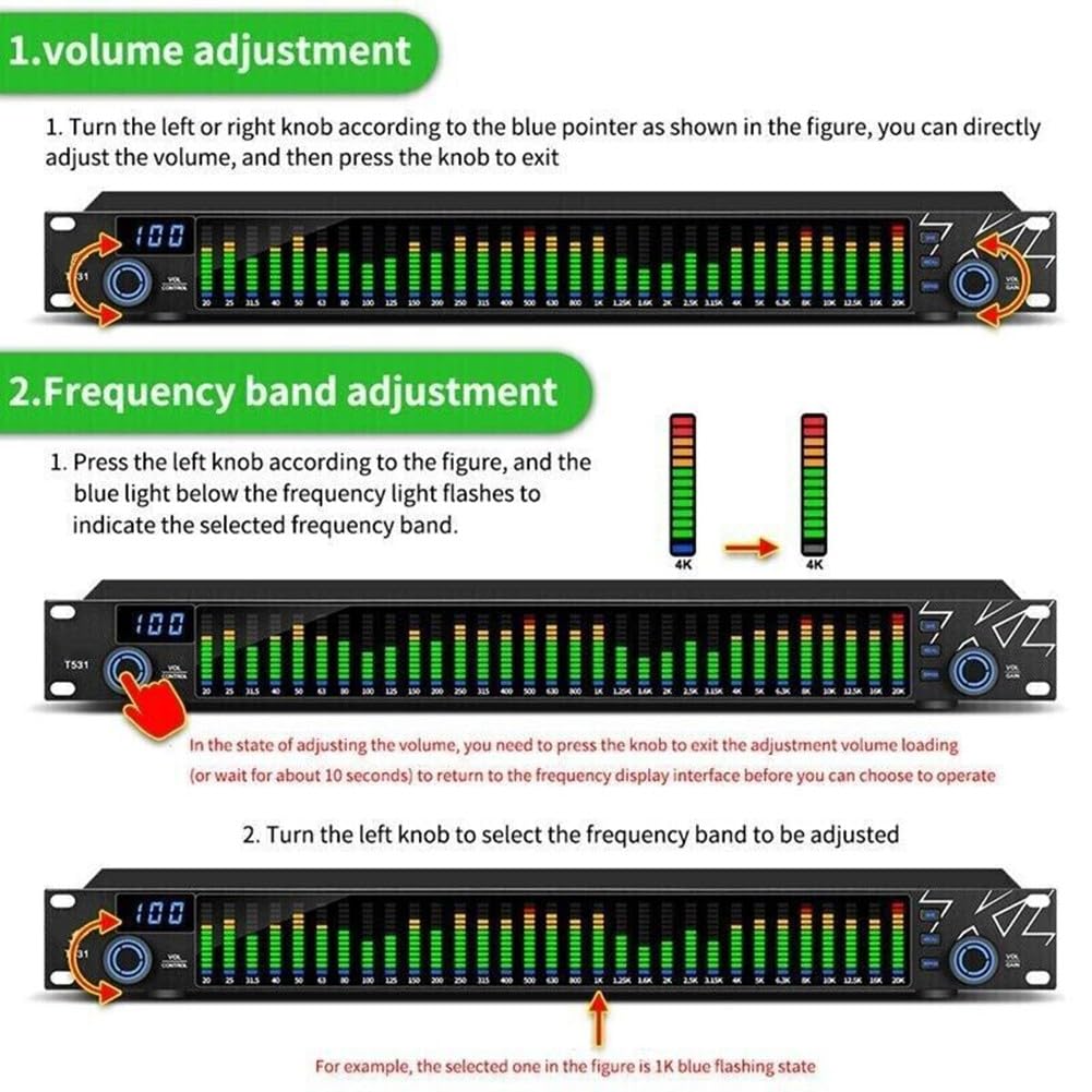 31-Band Stereo Grafik Digital Equalizer mit LED für SPECTRUM-Anzeige, Dual-K für DSP, Rauschunterdrückung, TRS/RCA/XLR Eingänge für Zuhause oder KTV, Schwarz