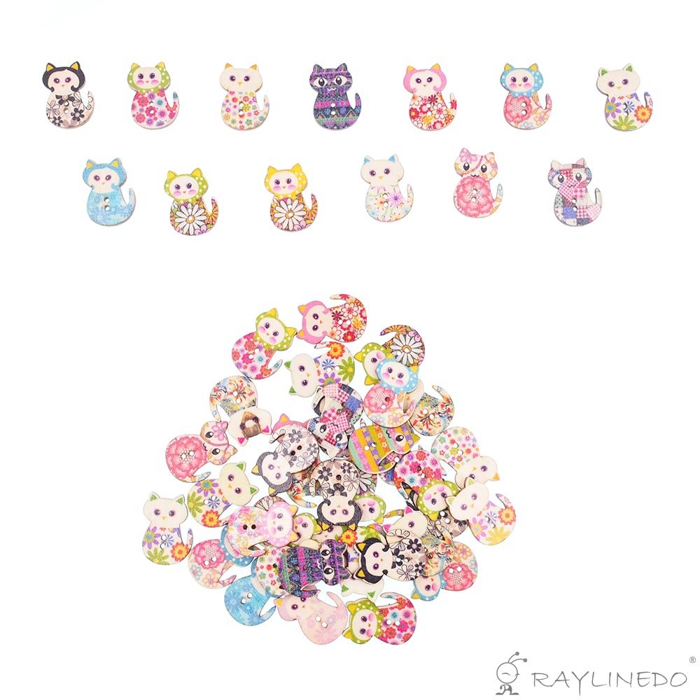 RayLineDo About 50pcs Buttons Multi Color Beautiful Cute Cat Shape Delicate Wood Buttons DIY Buttons for Sewing and Crafting