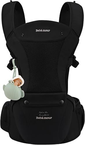 Bebamour Baby Carrier with Hip Seat, 6 Carrying Positions, Newborn to Toddler Baby Carrier 0-36 Months, Adjustable Waist & Padded Shoulder Straps, Head Hood, Pacifier Case & Teething Pads (Black)