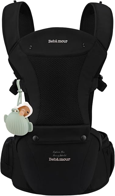 Bebamour Bébé Carrier Nouveau-né à bébé Carrier Hipseat 0-36Months avec le capot tête, 3 PCS Pads de dentition, Extendeur de taille, Noir