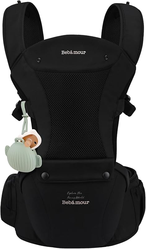 Bebamour Baby Carrier Newborn to Toddler Baby Carrier Hipseat 0-36Months with Head Hood, 3 PCS Teething Pads, Waist Extender, Storage Bag & Pacifier Case (Black)