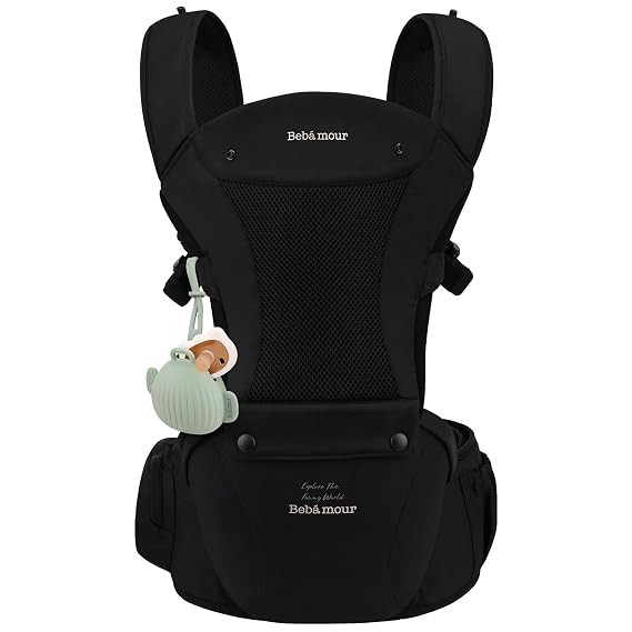 Bebamour Baby Carrier with Hip Seat,All-Position Breathable Mesh Hip Seat & Carrier 0-36Months with Head Hood, 3 PCS Teething Pads, Waist Extender,Storage Bag & Pacifier Case,Black