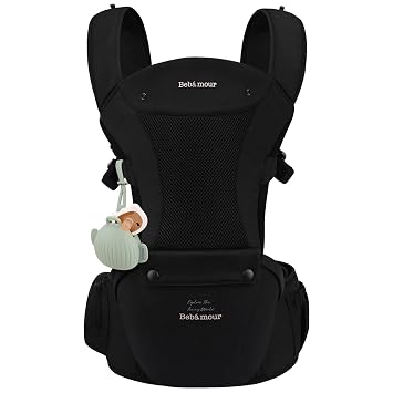 Bebamour Baby Carrier with Hip Seat,All-Position Breathable Mesh Hip Seat & Carrier 0-36Months with Head Hood, 3 PCS Teething Pads, Waist Extender,Storage Bag & Pacifier Case,Black