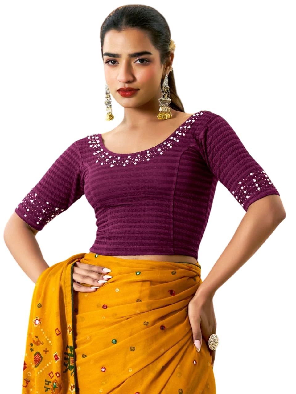 - Women's Regular Fit Readymade Stretchy Elbow Length Embroidered Saree Blouse