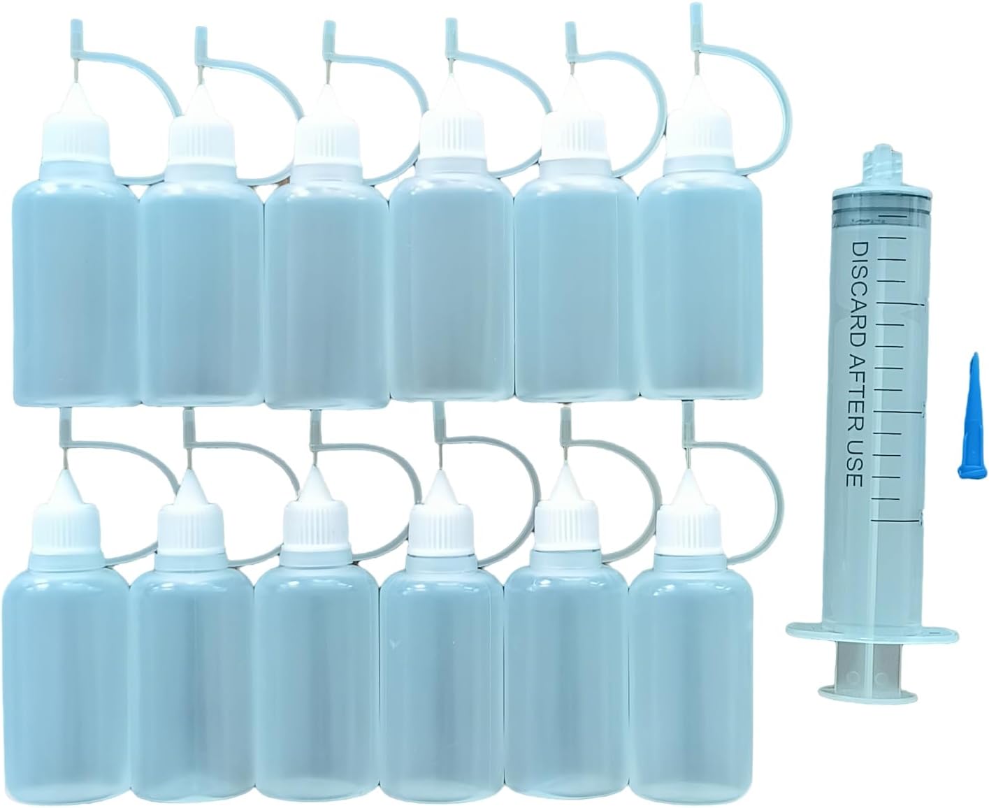 Kang&Chang 12 Pcs 1 fl oz (30 ml) Squeezable Plastic Bottles with Steel Needles, Plus 1 Pc 30 ml (1 fl oz) Dispensing Syringe for Liquids
