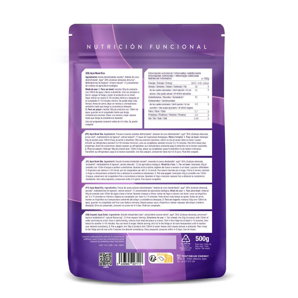 Energy Feelings Preparato per Acai Bowl Bio. Con Bacche di Acai in Polvere, Avena, Cocco... Frutta Liofilizzata Senza Zucchero Aggiunto con proprietà Antiossidanti. 500 G