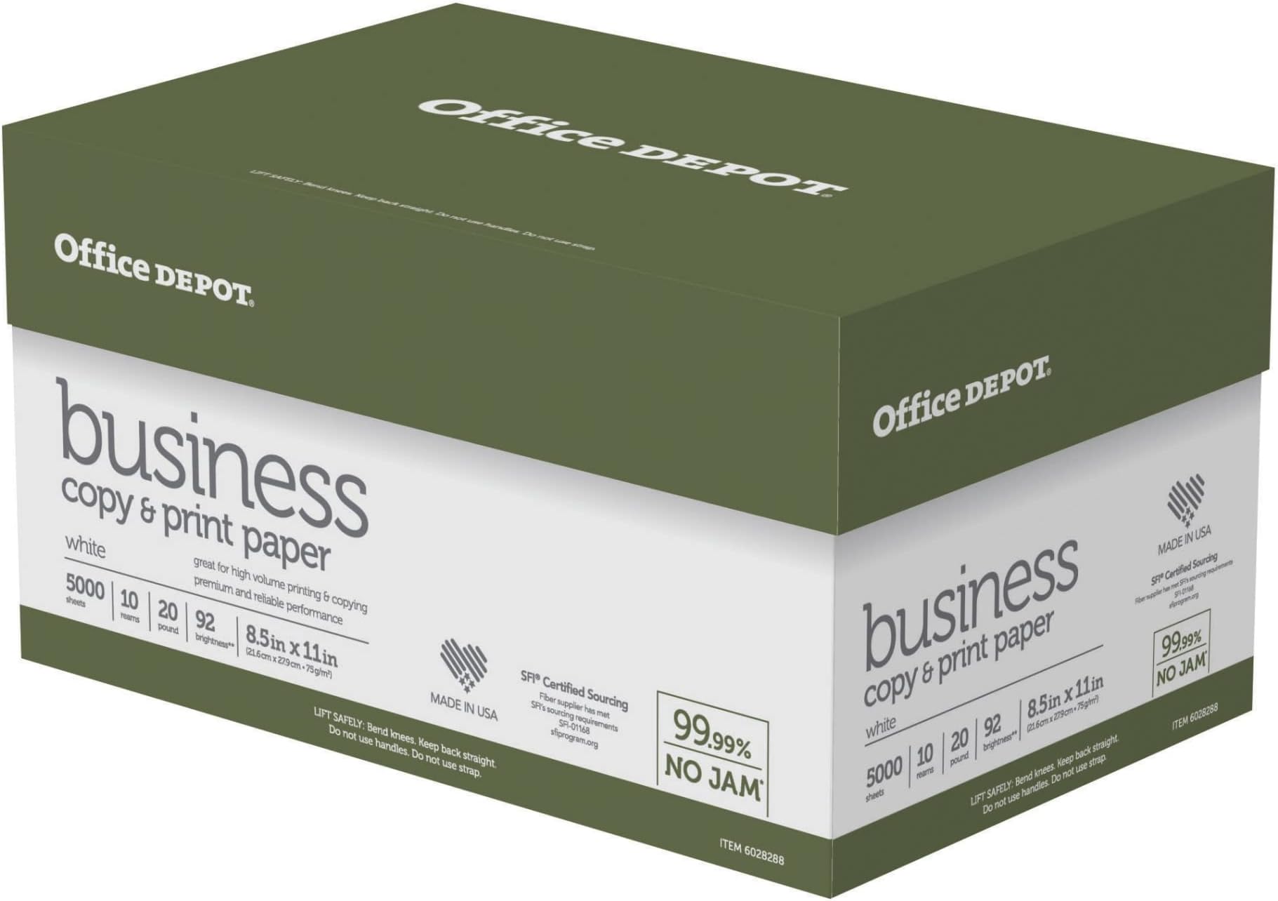 Office Depot Business Multi-Use Printer & Copy Paper, 10 Reams, White, Letter (8.5" x 11"), 5000 Sheets Per Case, 20 Lb, 92 Brightness, 1 Case
