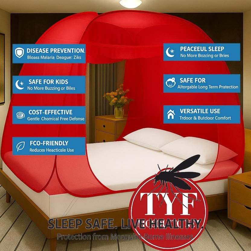 Image of TYF Mosquito Net for Bed Made with Polyester Material | Foldable Mesh Design | Lightweight and Portable Structure | Easy to Use and Carry, Red (6.15 Feet X 6.15 Feet) Double Bed