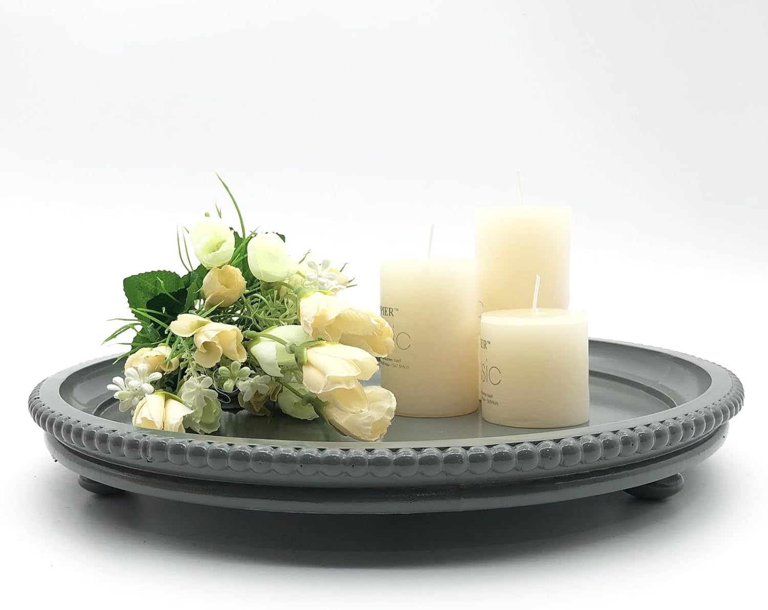 Gray Round Beaded Wooden Coffee Table Tray