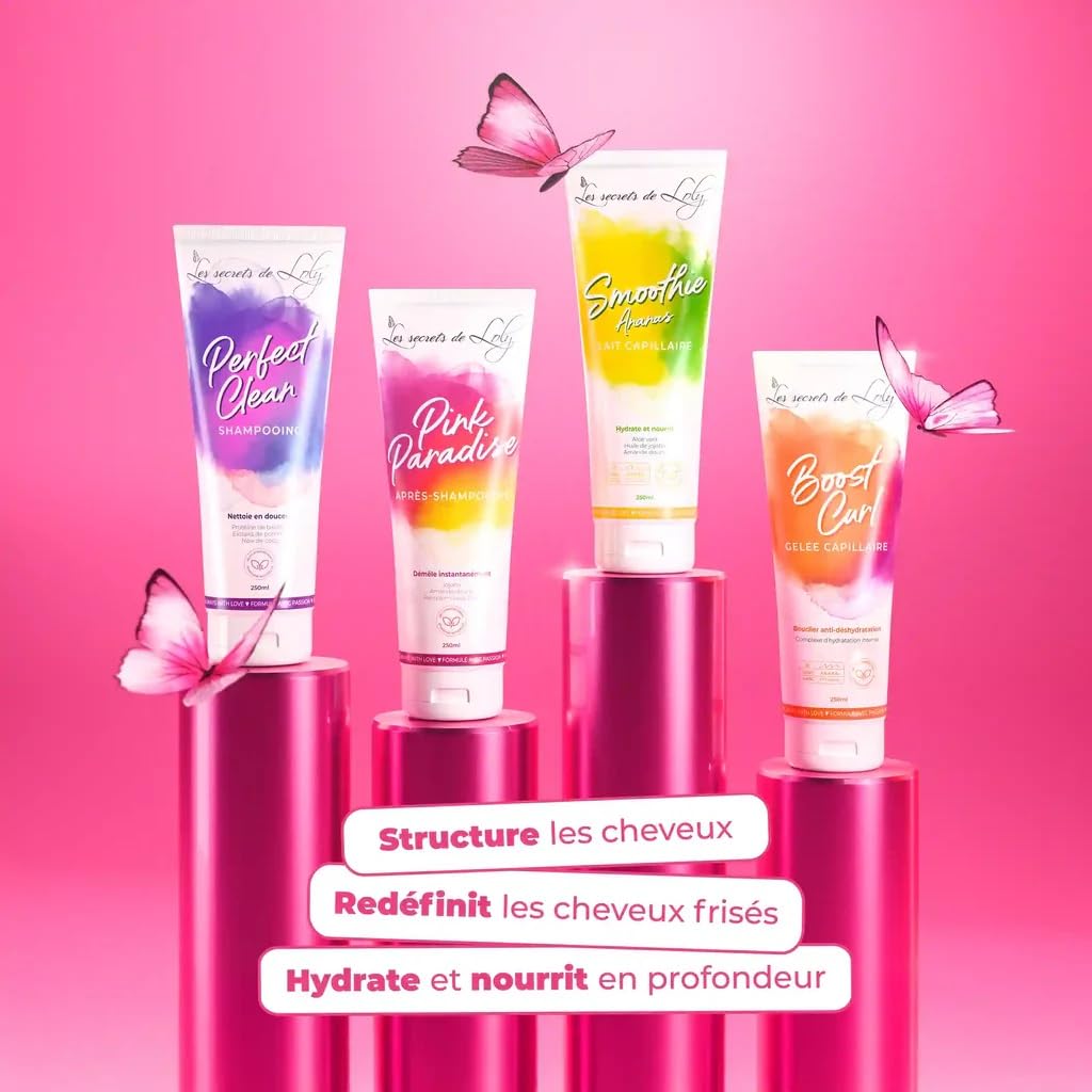 Les Secrets de Loly – Routine Cheveux Frisés – Coffret 4 Étapes : Shampooing, Après-Shampooing, Lait Smoothie Ananas & Gelée Boost Curl – Structure & Hydratation – Vegan 97% Naturel – 4 x 250 ml