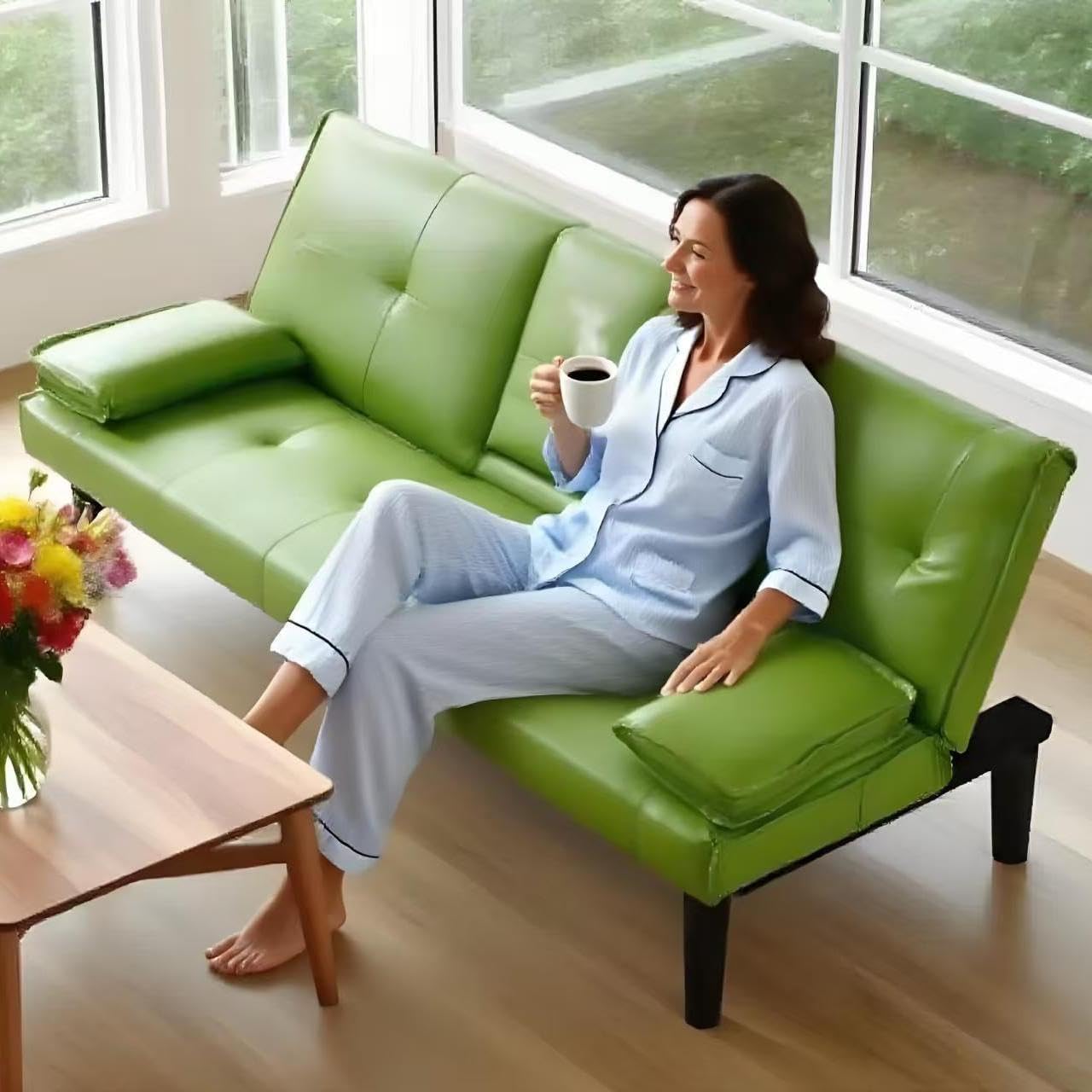 67" Faux Leather PVC Sofa Bed with Foldable Design & 2 Cup Holders，2-Seater Convertible Loveseat Sleeper Couch with Removable Armrests for Living Room,Apartment,Office