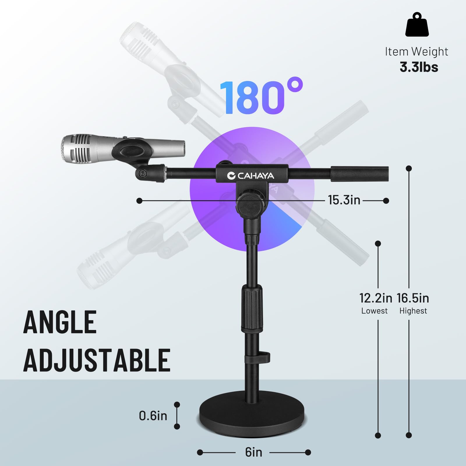 CAHAYA Microphone Stand Desk Adjustable: Boom Arm Mic Stand Desktop with 2 Mic Clips Reinforced Metal Base Table Mic Mount with 3/8" to 5/8" Screw Adapter for Singing Performance Wedding Stage Black - Image 5