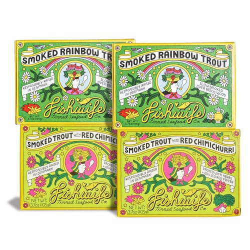Image of Fishwife Smoked Rainbow Trout Quad 4-Pack (3.7 oz per tin) | ASC-Certified Sustainable Seafood, Gluten Free, Omega-3s | Handpacked in BPA-NI Tins