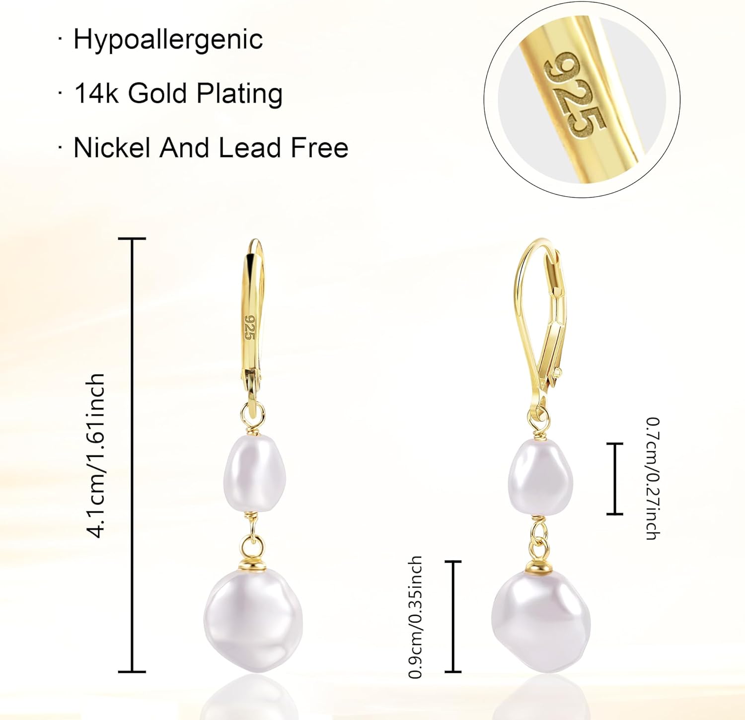LANCHARMED 14K Gold Pearl Dangle Earrings for Women,925 Sterling Silver Double Pearl Drop Earrings,Leverback Irregular Pearl Hypoallergenic Earrings - Image 4