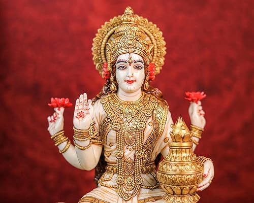 Miniatura 6 de SHIVAJIARTS Gran estatua Lakshmi, 12.2 in pintado a mano polvo mármol diosa lakshmi ídolo en loto. diosa hindú del dinero, riqueza, abundancia y