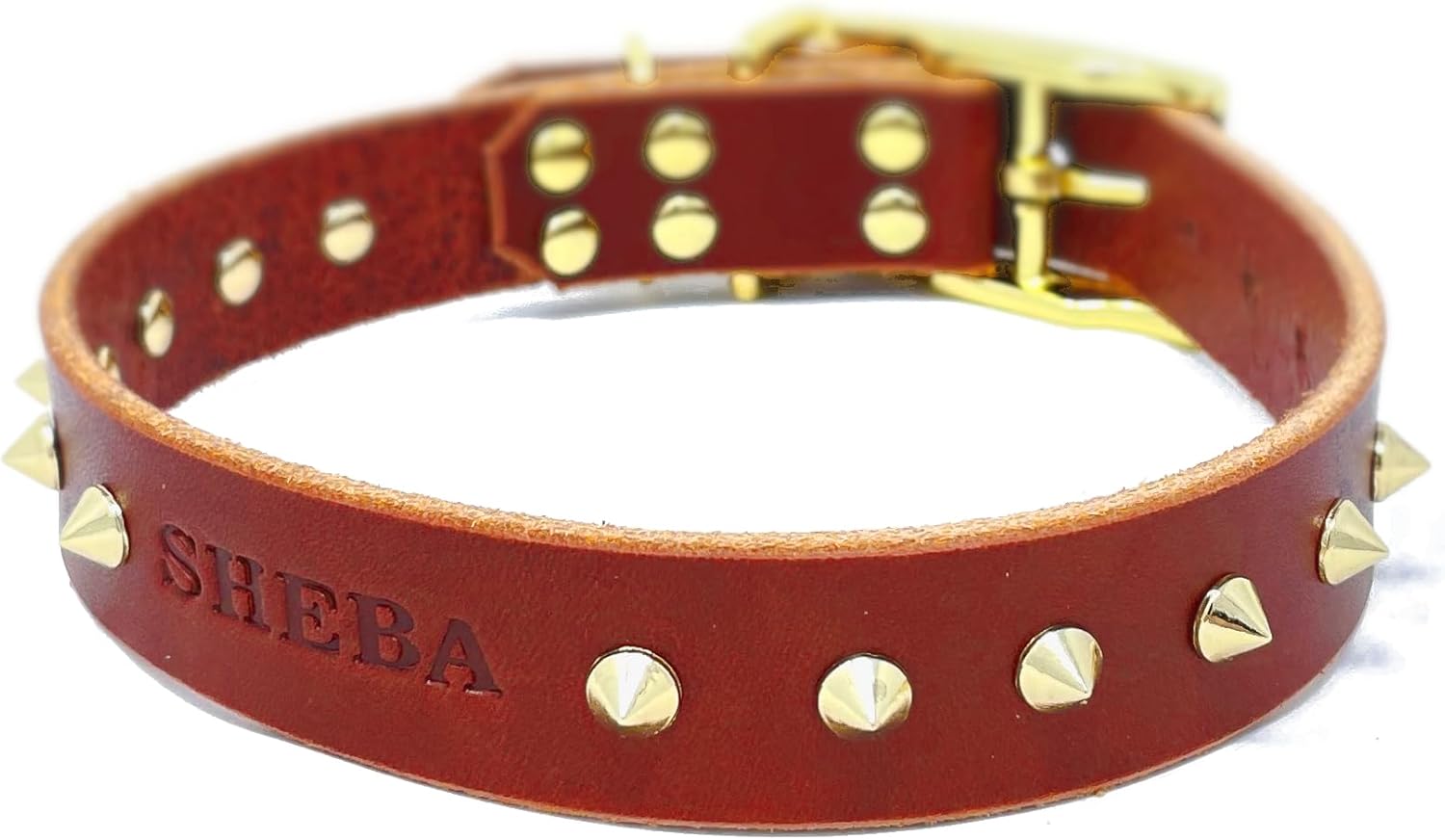 Handmade Personalized Spiked Bridle Leather Dog Collar, Gold/Brass Tone Spike Rivets, Embossed Name (Black)