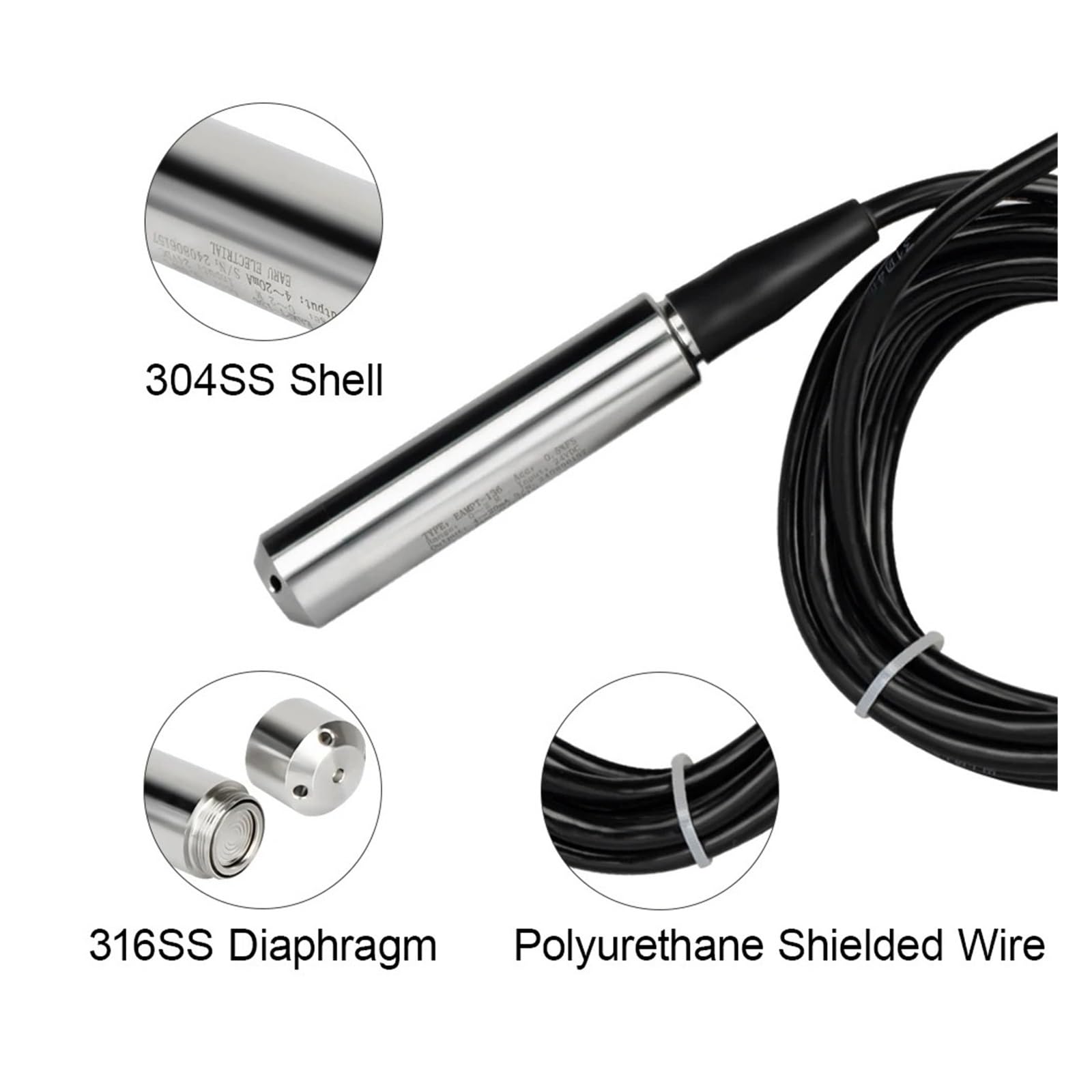 Czujnik Poziomu Cieczy Przetwornik Wody Sonda Detektor Kontroler Wyłącznik Pływakowy Precyzyjna Stabilność(2m Range 5m Cable,4-20mA Output)