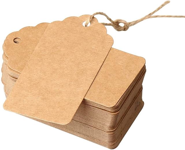 Brown Price Tags with String | Kraft Luggage Tags | Craft Labels | Paper Gift Tags Labels | DENSCO 100 Pcs 7 X 4 Cm with Jute String DIY for Wedding Gifts | Thanksgiving | Diwali | Easter | Eid