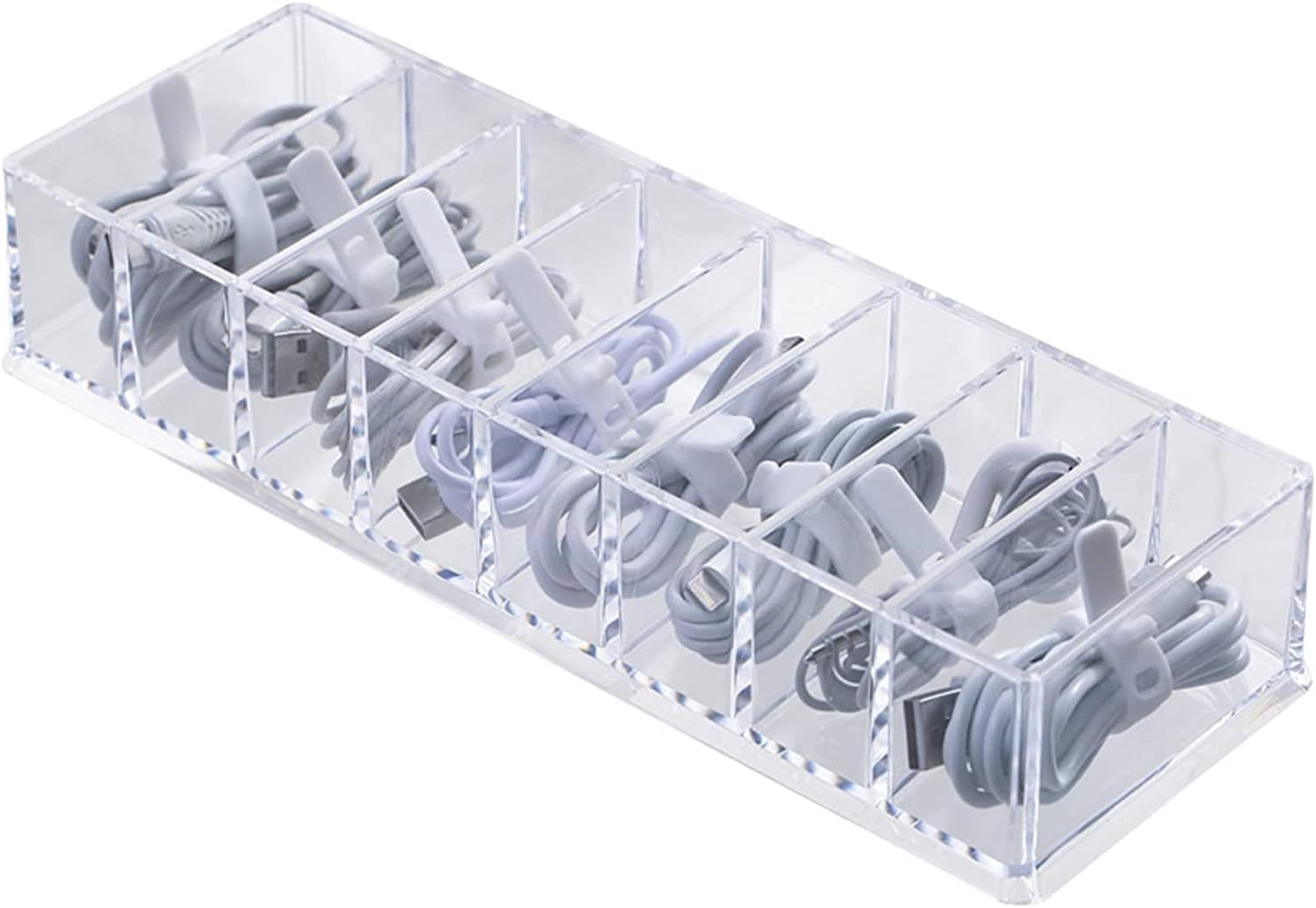 Clear Electronics Organizer Boxes, 8 Capacity Acrylic Charger Organizer, Cord Organizer Case and 12 Classified Stickers with 10 Wire Ties, Data Cable Storage Box for Home, Office (With Cover)