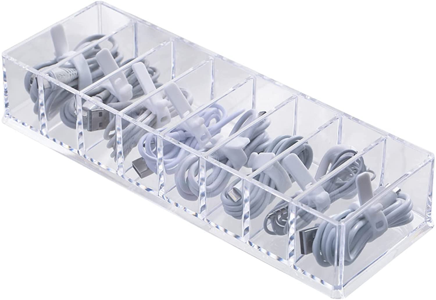 Clear Electronics Organizer Boxes, 8 Capacity Acrylic Charger Organizer, Cord Organizer Case and 12 Classified Stickers with 10 Wire Ties, Data Cable Storage Box for Home, Office (With Cover)