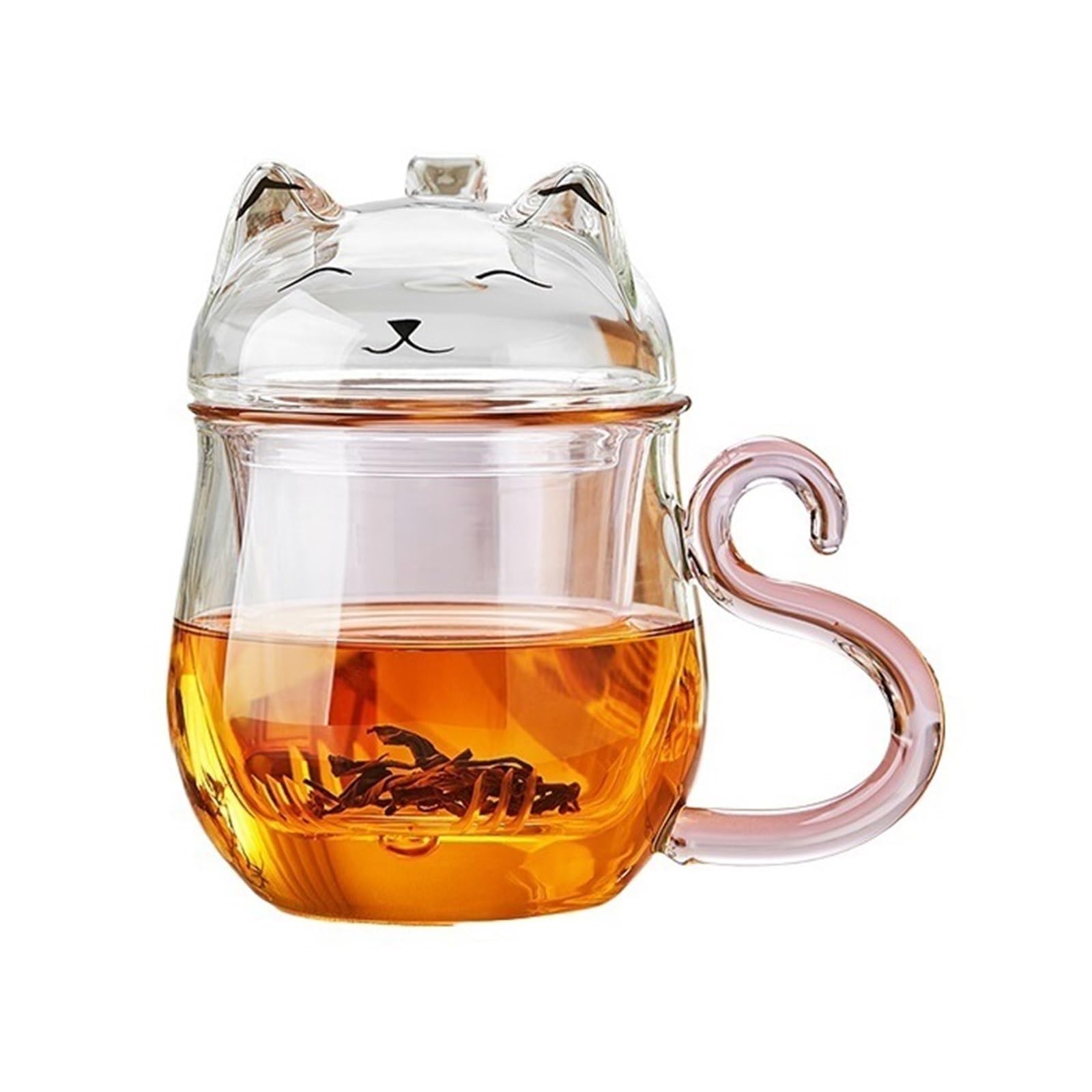 Trinkglas Transparenter, doppelwandiger Kaffeebecher mit Deckel, 473 ml (16 oz), niedlicher, katzenförmiger Borosilikatglasbecher rosa Henkel