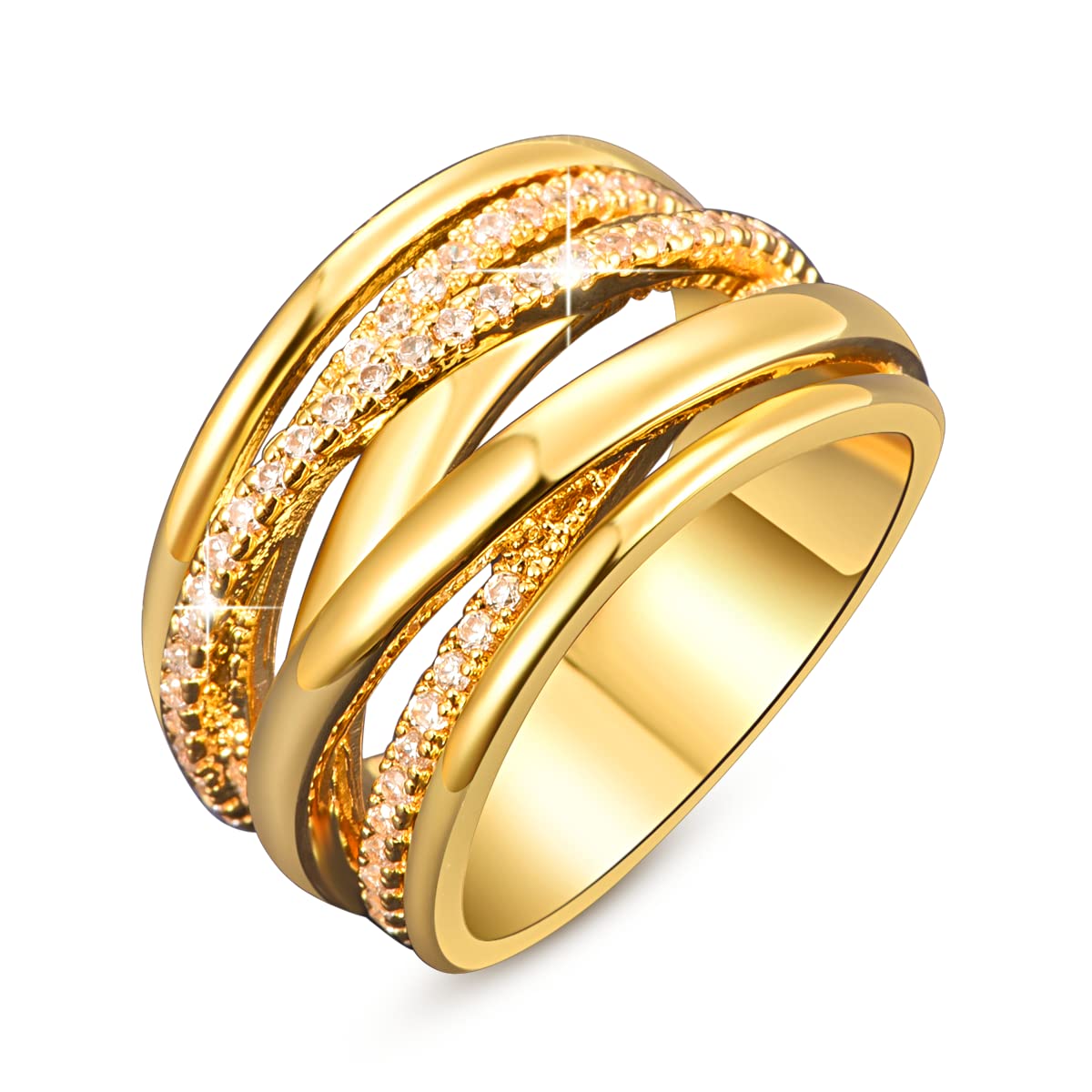 Emsione Gold Plated CZ Pave Interlocked Multi Row Anniversary Wedding Engagement Ring Band for Women Men Size 10