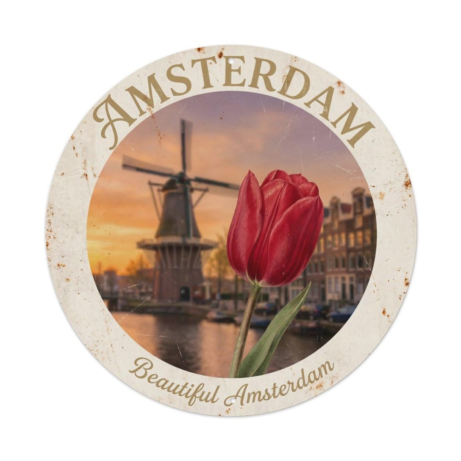Vintage Travel Dutch Tulip Closeup Metal Tin Sign Plaque Wall Decor for Cafe, Club, Garden Round Metal Poster 8x8Inch