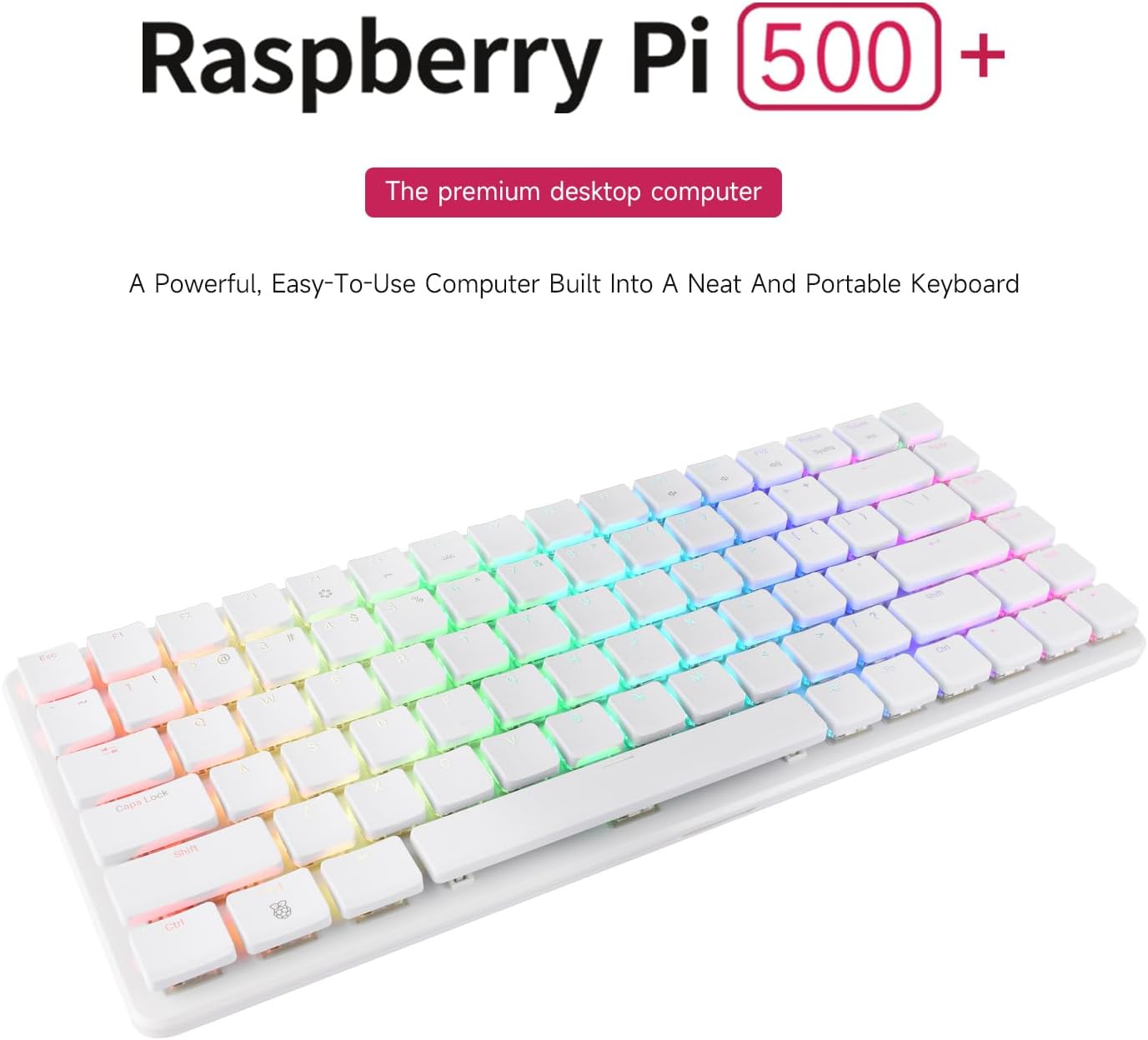 waveshare Mechanical Keyboard, Compatible with Raspberry Pi 500+,WiFi/Bluetooth Support, Dual-4K Outputs, Comes with Official Raspberry Pi 256GB NVMe Solid State Drive, RGB Backlight