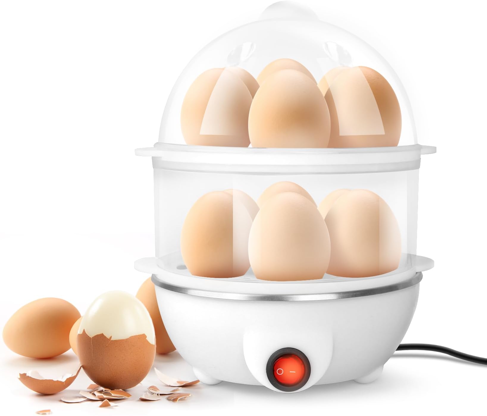 Baytion Double Layer Egg Cooker 350W, 14pcs Rapid Egg Boiler with Auto Shut Off, Electric Egg Steamer for Hard, Medium and Soft Boiled Eggs (White)