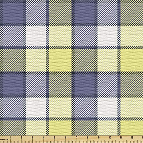Ambesonne Blue Yellow Vintage Fabric by The Yard, Geometric Pattern with Diagonal Striped Squares Checkered, Decorative Fabric for Upholstery and Home Accents, 2 Yards, Ceil Blue