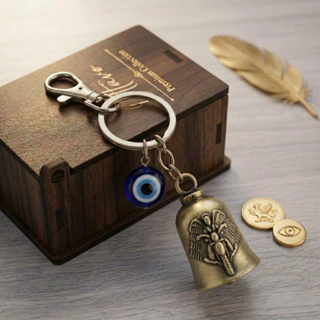 Guardian Bell Keychain, Winged Bike Embossed Design, with Evil Eye Charm and Silver Hook, Good Luck Biker Bell, Laser-Engraved Wooden Gift Box Included-image-22