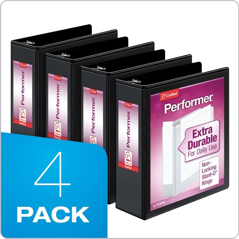 Cardinal Performer 3-Ring Binders, 3", Non-Locking Slant-D Rings, 725-Sheet Capacity & Economy 3 Ring Binder, 2 Inch, Presentation View, Black, Holds 475 Sheets, Nonstick, PVC Free, 4 Pack