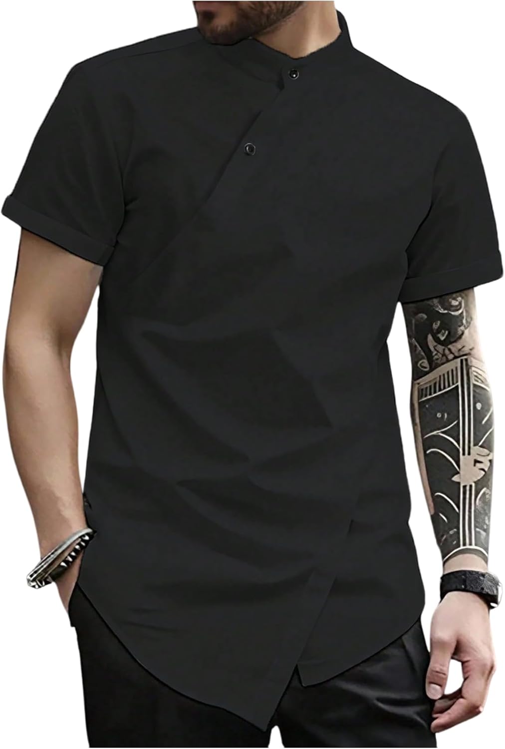 SHENHE Men's Wrap Front Button Up Shirt Short Sleeve Mock Neck Asymmetrical Hem Street Tops