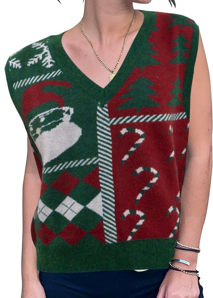 JULYCLO Christmas Vests for Women Ugly Xmas Reindeer Knitted Sweaters Casual Santa Snowflake V Neck Sleeveless Outwear Tops3