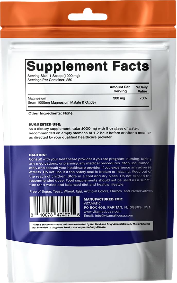 Vitamatic Magnesium Malate 1000mg per Serving Supports Muscle, Joint, and Heart Health 250 Grams - 250 Servings — Amazon image 9