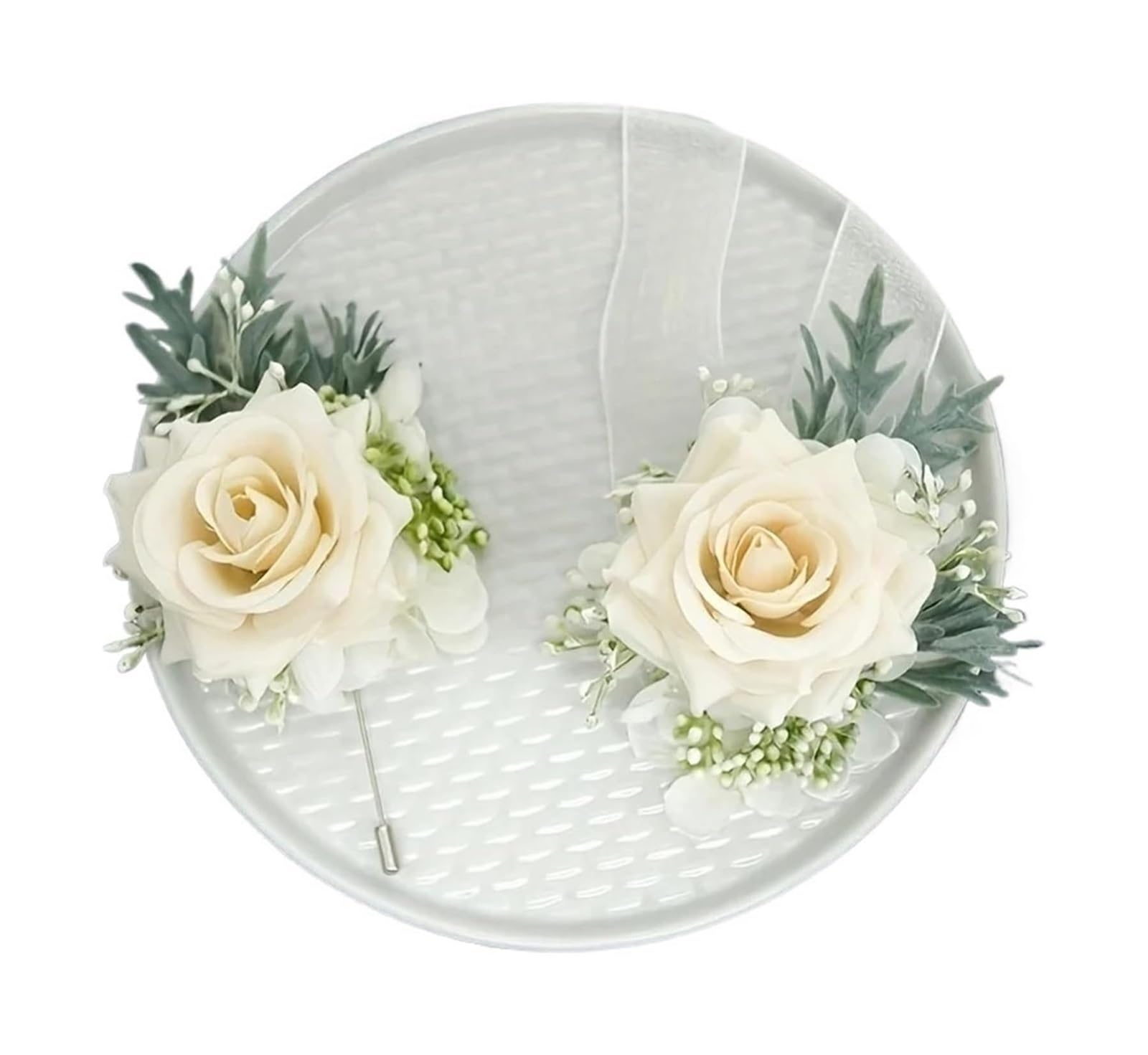 Bransoletka z bukietem róż, Zestaw butonierek ślubnych z białej róży na nadgarstek 1/6 opakowania 7x13 cm(6pcs Boutonniere)